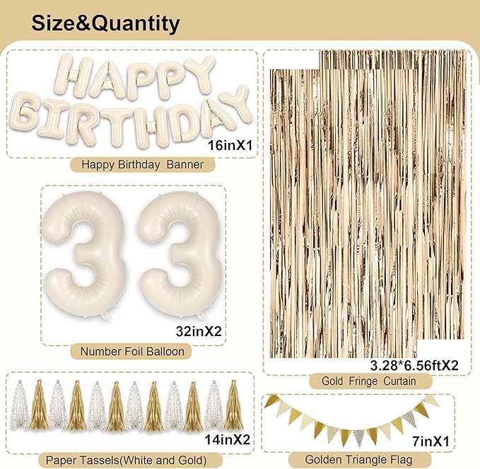 33rd Birthday Decorations for Women, White and Gold 33 Boho Birthday