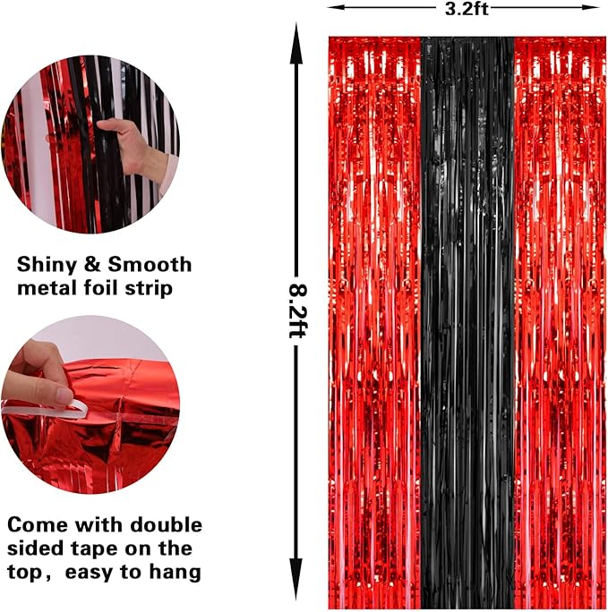 PIGETALE, 2 Pack 3.2x8.2 Feet Black and Red Foil Fringe Curtains