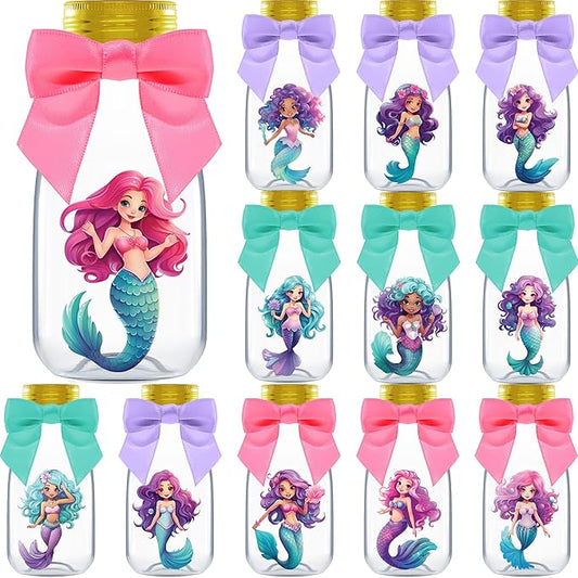Small 12 Pack Mermaid Party Favors DIY Candy Jars with Ribbons and