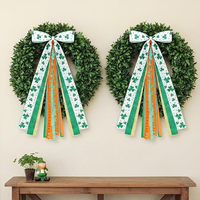 2 Pcs St Patricks Day Clover Ribbon Bow for Wreath Large Clover