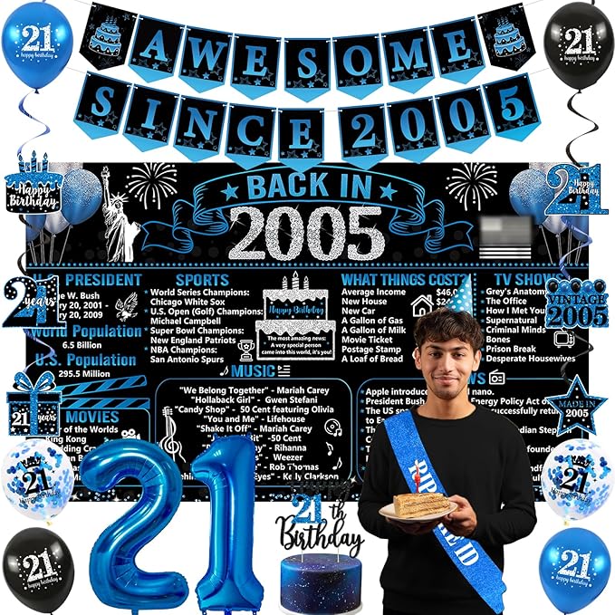 21st Birthday Decorations for Him Black Blue Back in 2005 Birthday