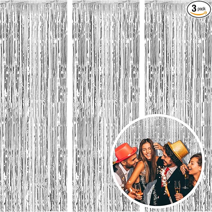 3 Pack Silver Foil Fringe Backdrop Curtains Party Streamers Metallic