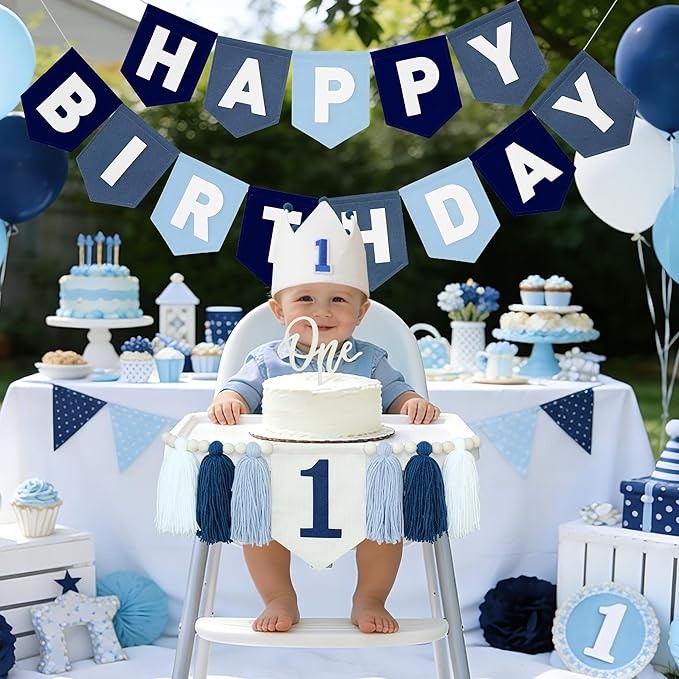 Felt Navy Blue Happy Birthday High Chair Banner Pre-Strung Birthday