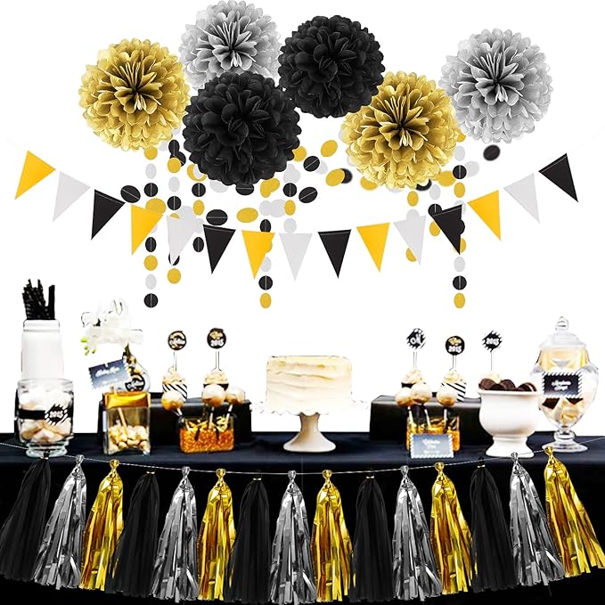 Silver Black Gold Party Decorations - 23pcs Tissue Paper Flowers Pom