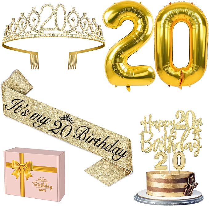20th Birthday Decorations for Women Gold with 20th Birthday Tiara
