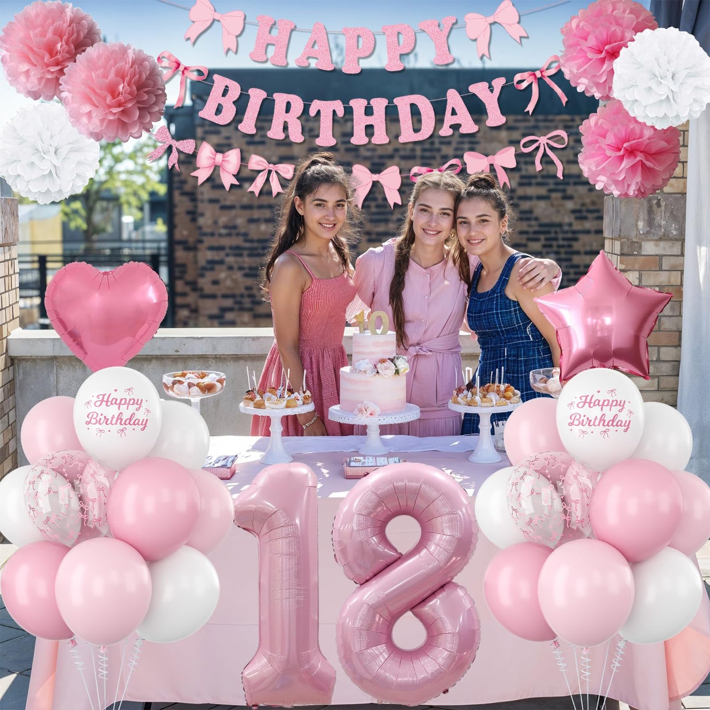 18th Birthday Decorations for Girls Pink Number 18 Balloon Bow