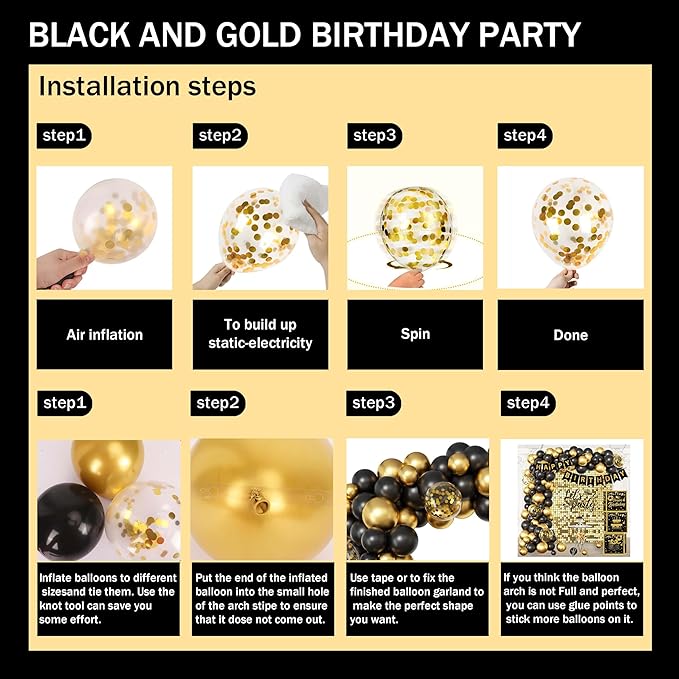 Black and Gold Birthday Party Decorations for Men Women Includes
