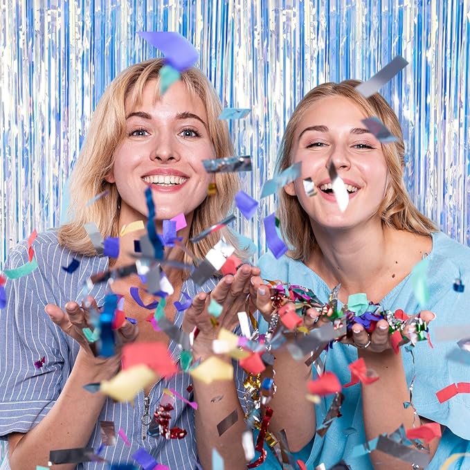 2 Pack Foil Curtain Backdrop Iridescent Metallic Tinsel Foil Fringe