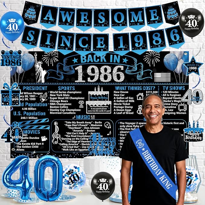 40th Birthday Decorations for Men 20PCS Black Blue Back in 1986