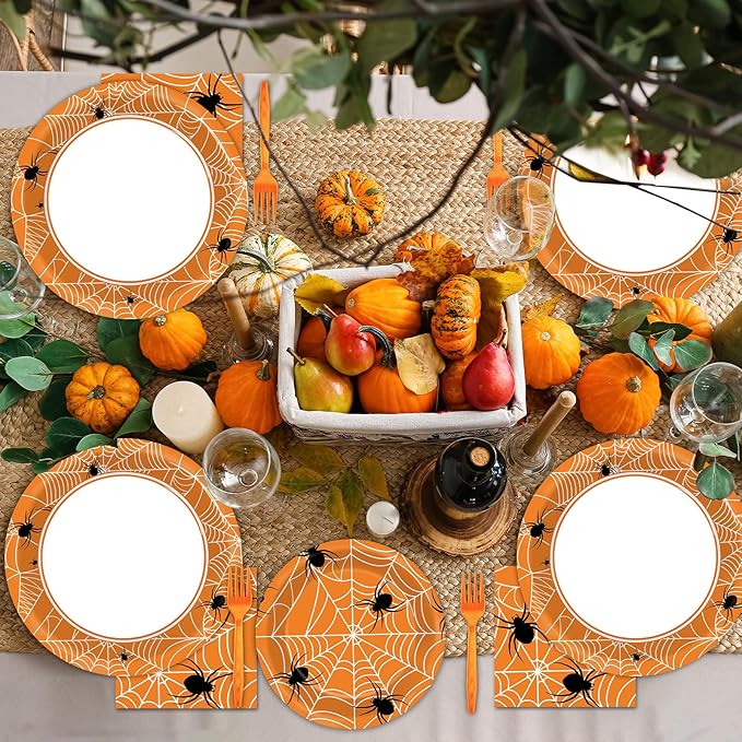100 Pcs Spiderweb Party Plates and Napkins Black and White Halloween