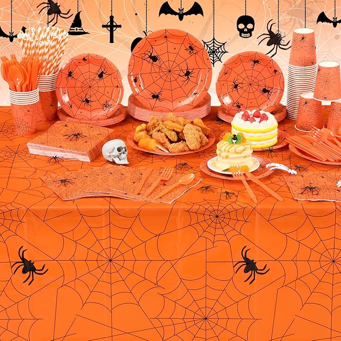 452 Pcs Halloween Spiderweb Supplies Tableware for 50 Guests Orange