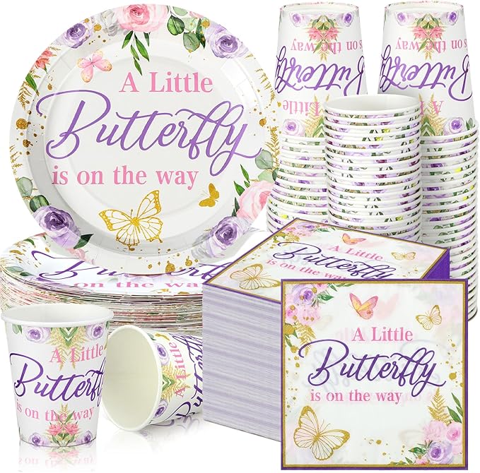 200 Pcs Butterfly Baby Shower Paper Plates Napkins Cups Girl Shower
