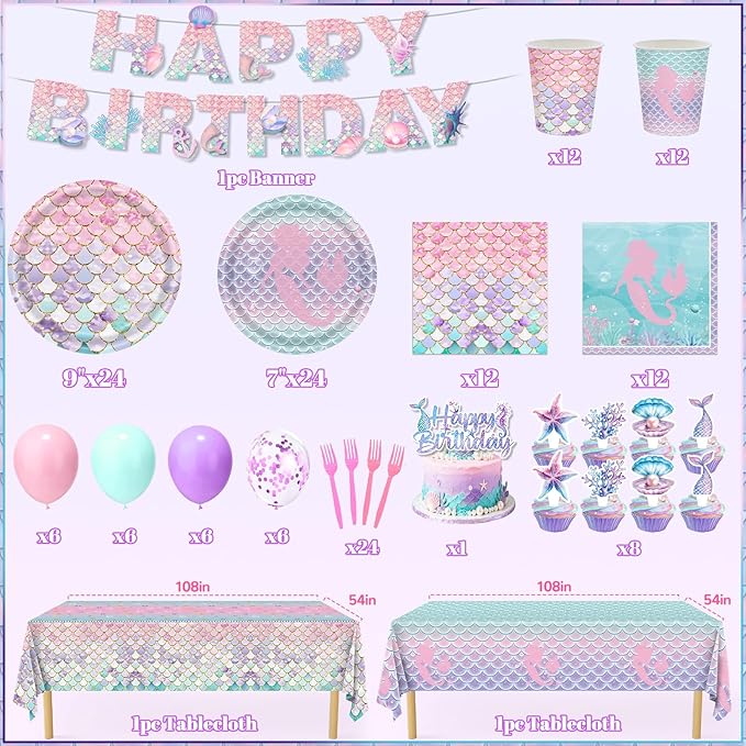 Mermaid Birthday Decorations 147Pcs Mermaid Party Supplies Serves 24
