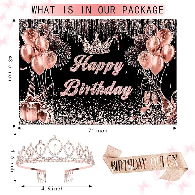Rose Gold Birthday Decor Kit for Girls Women Backdrop Sparkle Crown