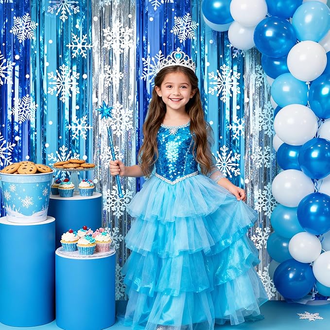 2 Packs Snowflake Foil Fringe Curtain, Blue Silver Ice Glitter