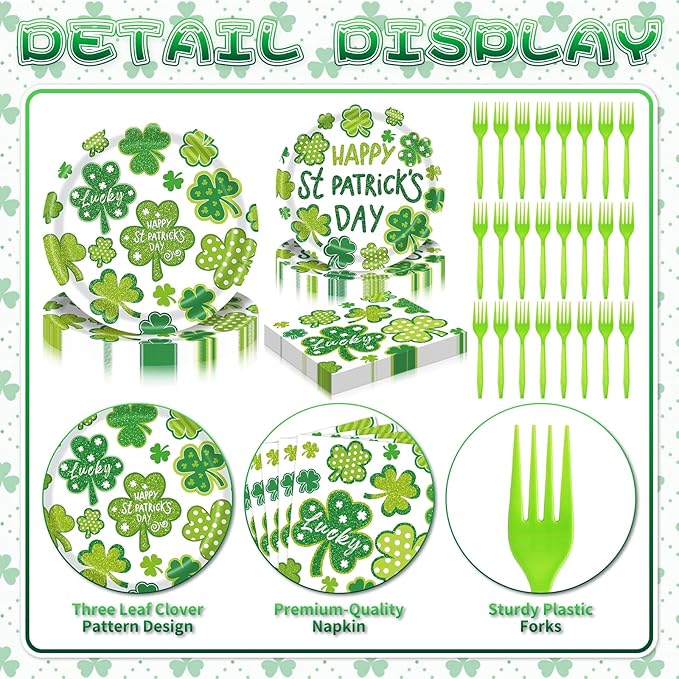 96 Pieces St Patrick's Day Tableware Set Green Shamrock Disposable