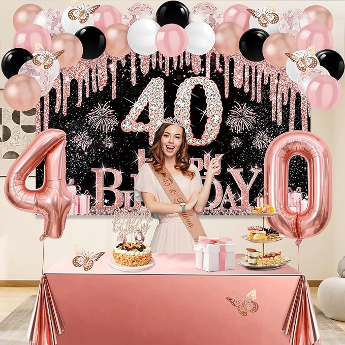 40th Birthday Decorations Women 49pcs Black Rose Gold Black Happy
