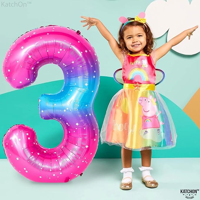 KatchOn, Rainbow 40 Inch 3 Balloon - Pink Blue | 3rd Birthday