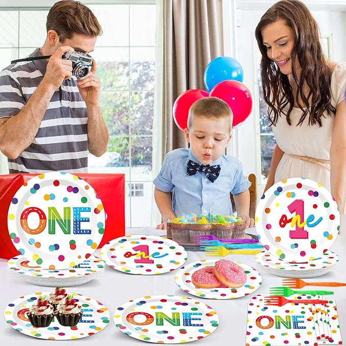 96pcs Rainbow 1st Birthday Plates and Napkins Confetti Happy