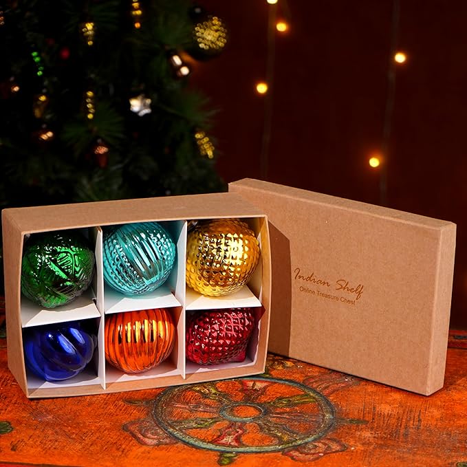 IndianShelf 6 Colorful Christmas Balls - Glass Tree Ornaments -