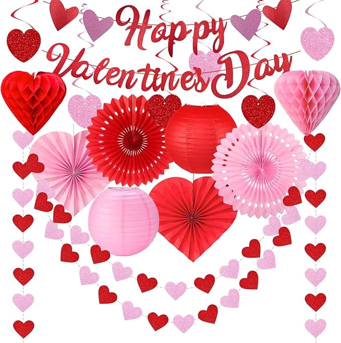 Valentines Day Decorations with Banner Pink Red Heart Shaped Paper