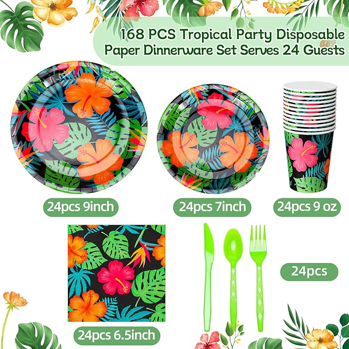 168 Pcs Tropical Nights Hawaiian Aloha Party Supplies 7 Inch 9 Inch