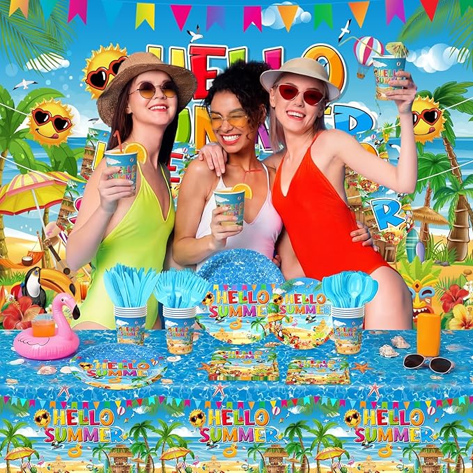 172 Pcs Summer Beach Party Supplies Serves 24 Pool Beach Tableware