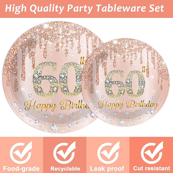 96 Pieces 60th Birthday Party Tableware Set for Pink Rose Gold 60th