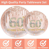 96 Pieces 60th Birthday Party Tableware Set for Pink Rose Gold 60th