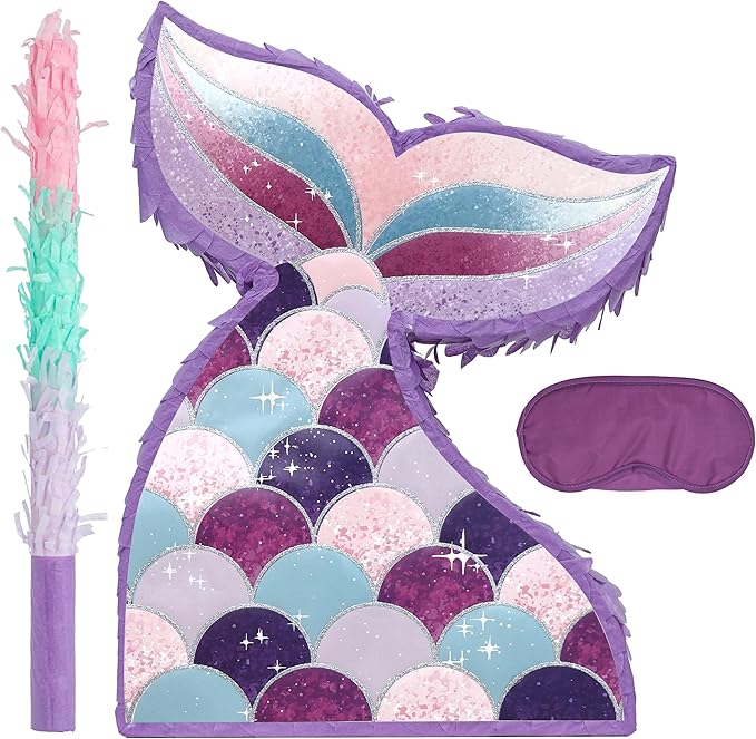 Mermaid Tail Pinatas Bundle with a Blindfold and a Bat 16.5 x 12 x 4