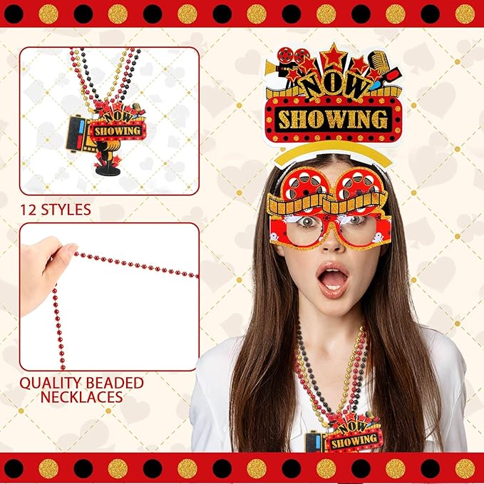 36 Pcs Movie Night Party Decorations 12 Beaded Necklaces 12 Paper