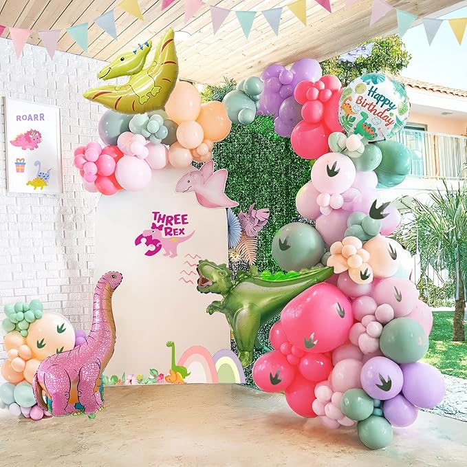 Pink Dinosaur balloon garland kit 150pcs Pastel Pink green Purple
