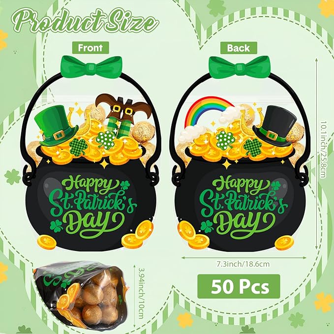 50 Pcs St Patrick's Day Gift Bags Black Cauldron Plastic Pouches