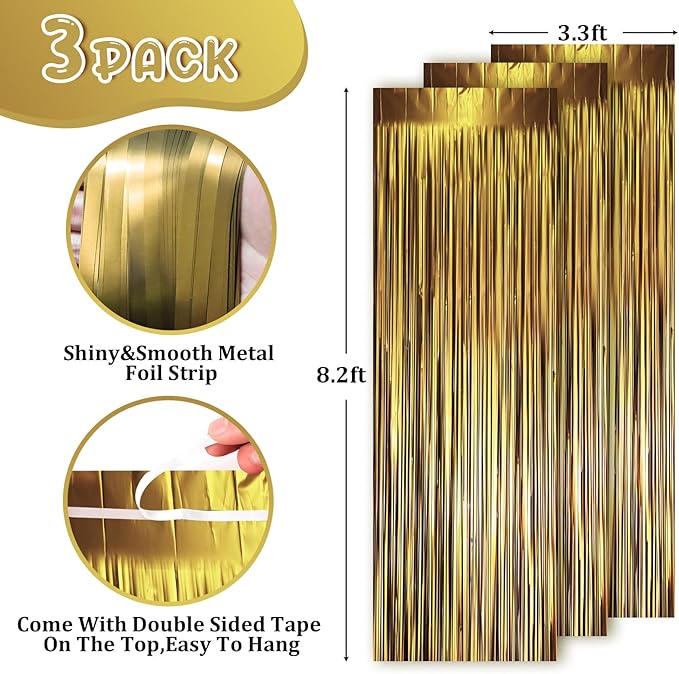 Voircoloria 3 Pack 3.3 x 8.2 ft Matte Dark Gold Foil Fringe Backdrop