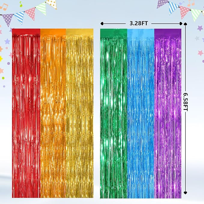 2Pack Rainbow Foil Fringe Curtains Backdrop Decorations, Rainbow