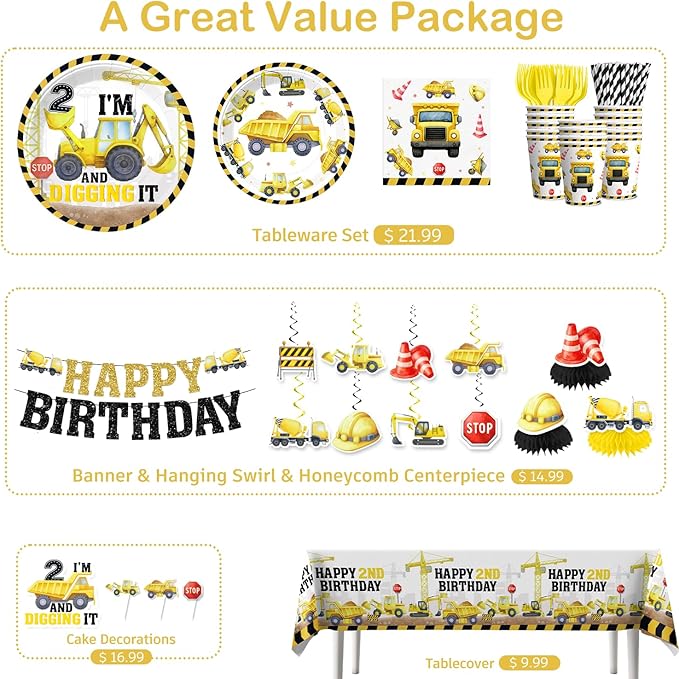 Xynic 187pcs Construction Birthday Party Supplies for 2 Year Old Boy