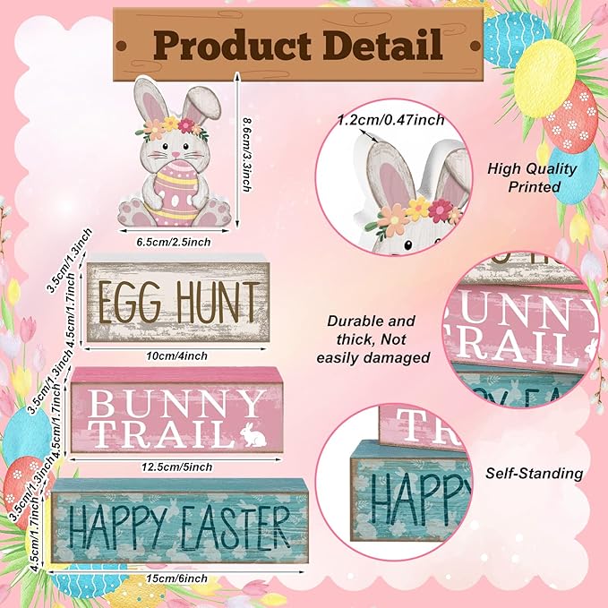4 Pcs Easter Bunny Table Decor Wooden Pastel Bunny 3 tier Wooden