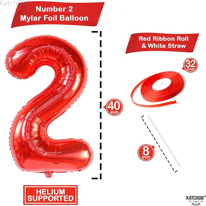 KatchOn, Giant Red Number 2 Balloon - 40 Inch | Mylar Foil 2nd Number