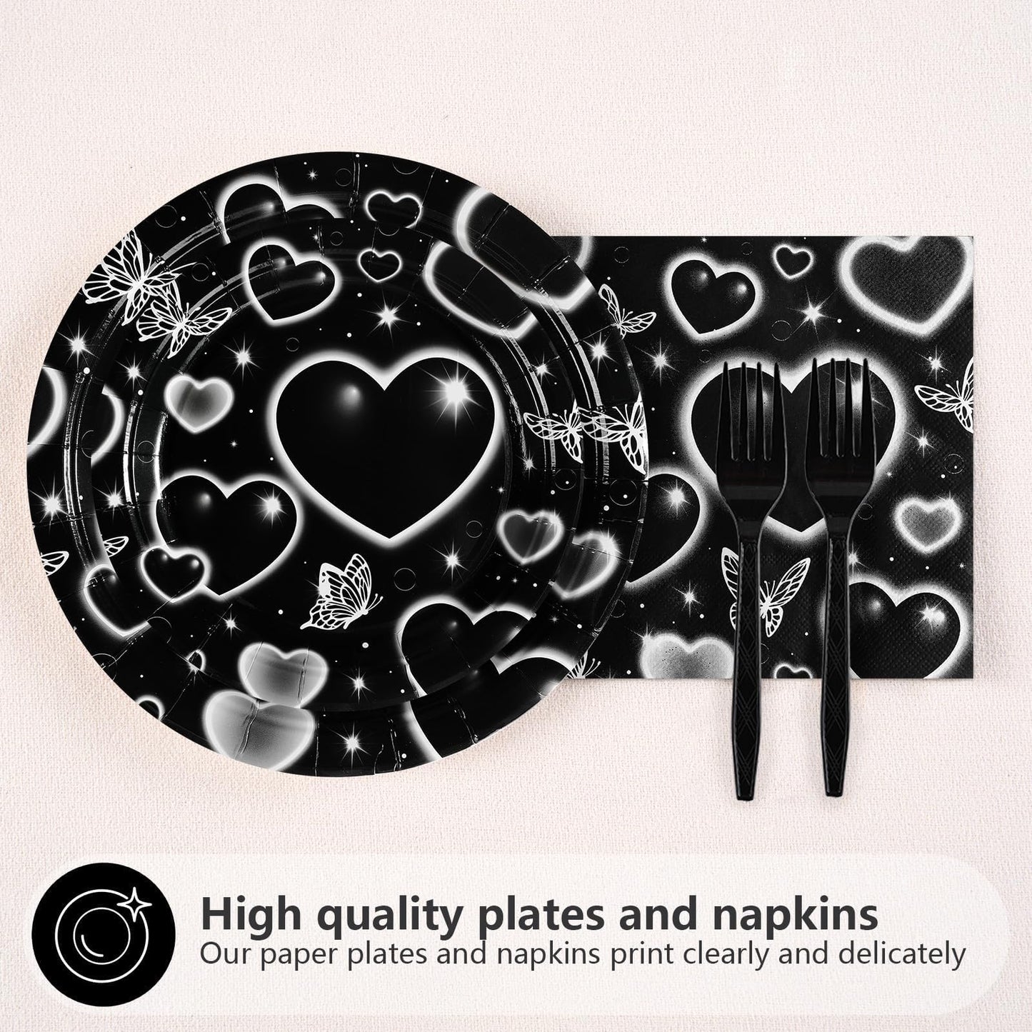 Grencian 96 Pcs 2000s Party Plates and Napkins Black Heart Tableware