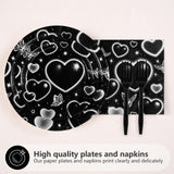 Grencian 96 Pcs 2000s Party Plates and Napkins Black Heart Tableware