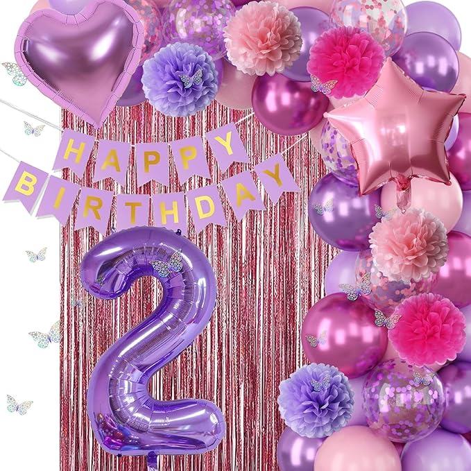 Pink Purple 2nd Birthday Party Decorations for Girls Number 2