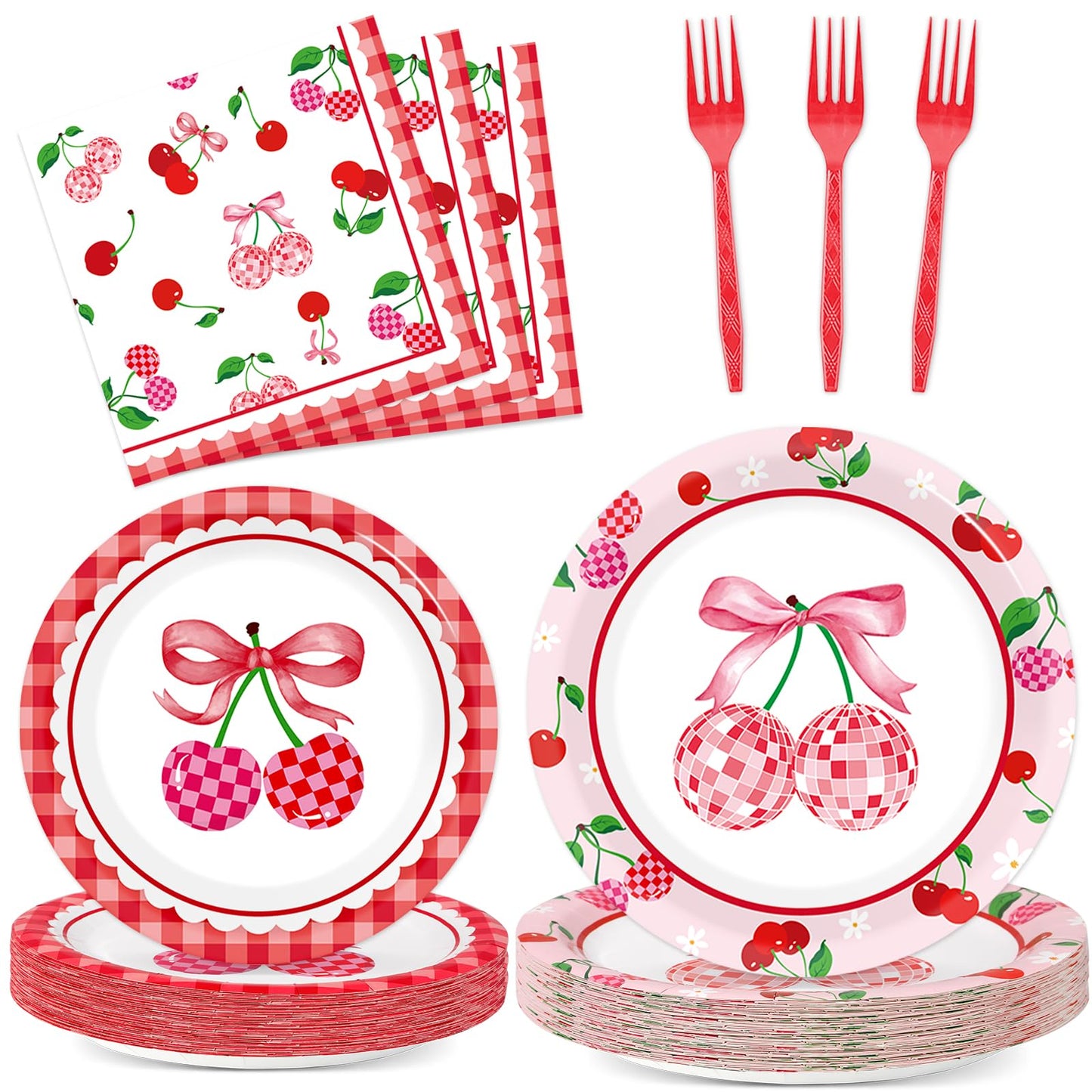 96Pcs Cherries Theme Plates and Napkins Pink Bow Cherry Birthday Party