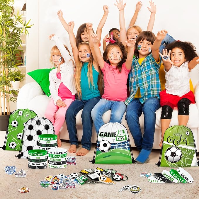 110 Pcs Soccer Party Favors Drawstring Bags with Keychains Silicone