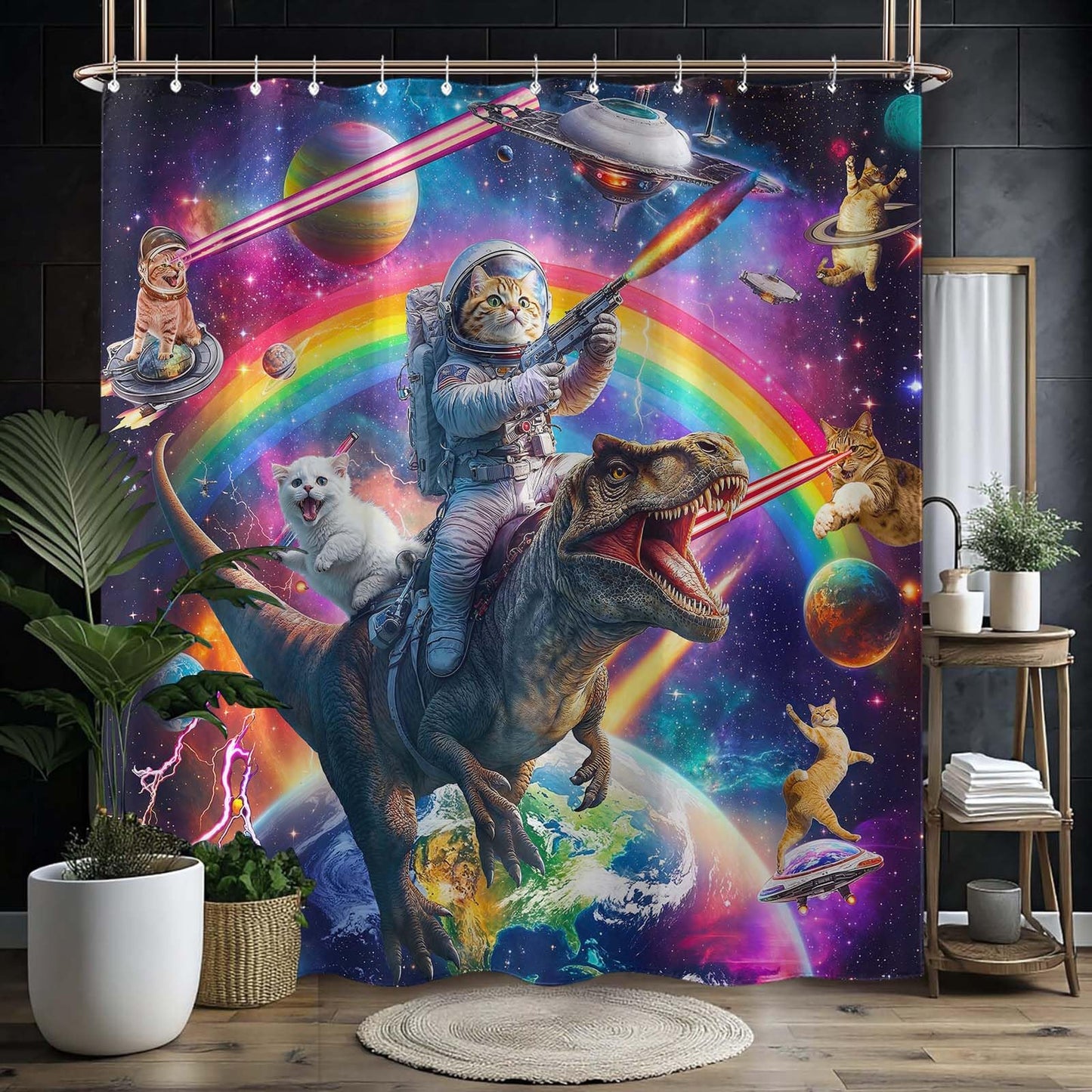 78 Inch Long Funny Cat Dinosaur Shower Curtain Fun Cool Colorful Space