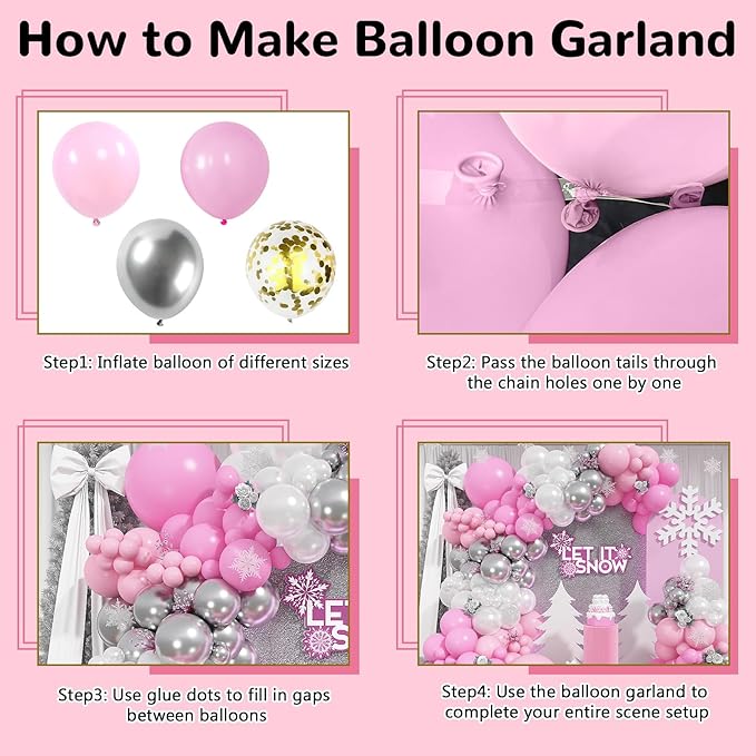 Pink and Silver Balloon Arch Kit, Pastel Pink and White Metallic