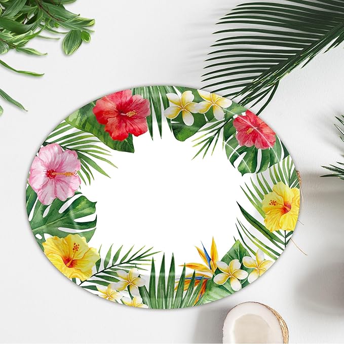 50Pcs Hawaiian Luau Oval Plates Aloha Floral Disposable Plates 11 x