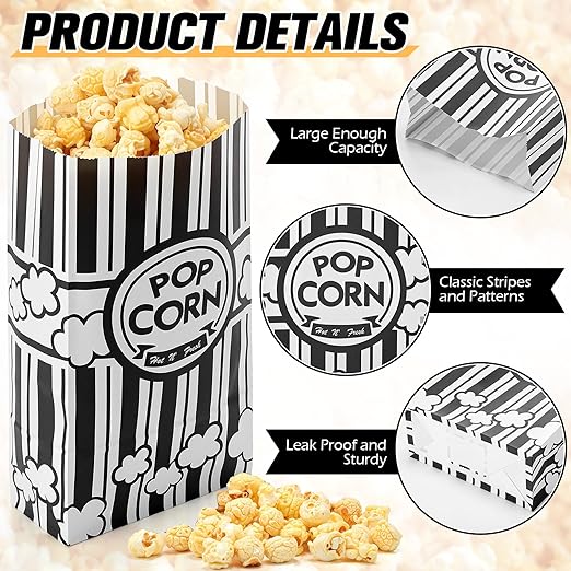200 Pcs Paper Popcorn Bags Bulk 2 oz Large Flat Bottom Boxes Red and