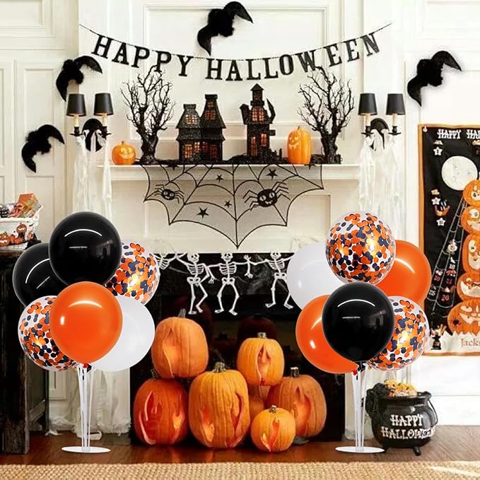 4 Set Halloween Balloons Black Orange Confetti White Balloon Stand
