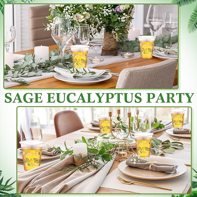 60 Pack Mr and Mrs Wedding Cups 12 oz Sage Green Eucalyptus