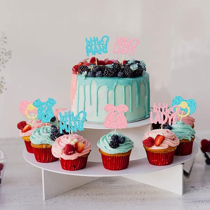 24Pcs Boy or Girl Cupcake Toppers Glitter Gender Reveal Onesie